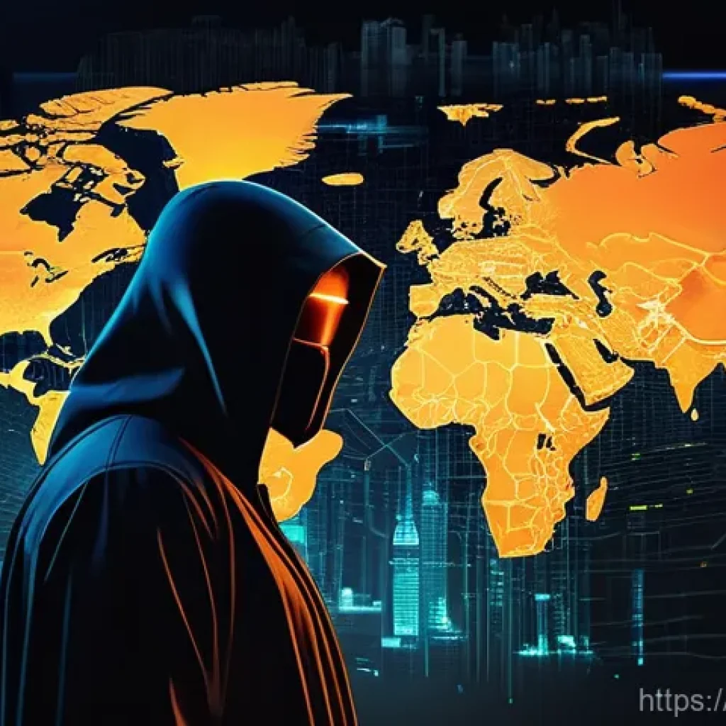사이버 공격 대응을 위한 취약점 관리 - **AI-Powered Cyber Attack and Global Threat:** A high-angle, futuristic shot capturing a shadowy, so...