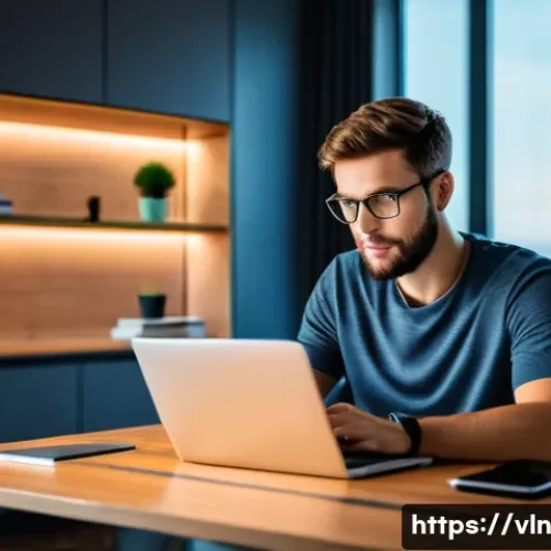 Home 33 사이버 보안 예방 조치와 취약점 관리 - A focused young adult, casually dressed, sitting comfortably at a desk in a well-lit, modern home of...