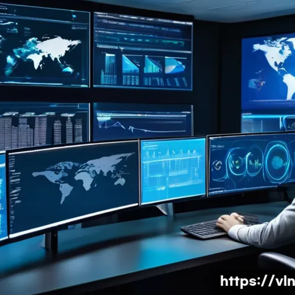 보안 취약점 관리 프로세스의 지속적 개선 - A modern cybersecurity operations center with diverse security analysts monitoring multiple large sc...