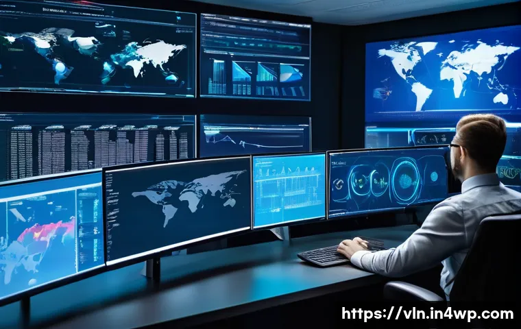 보안 취약점 관리 프로세스의 지속적 개선 - A modern cybersecurity operations center with diverse security analysts monitoring multiple large sc...