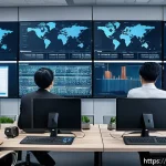 Home 19 보안 취약점 관리의 성공적인 커뮤니케이션 전략 - A modern corporate office setting showing a diverse team of cybersecurity professionals collaboratin...