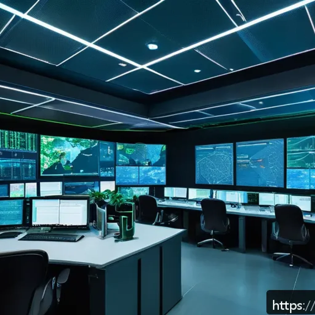 보안 취약점 관리에서의 데이터 보호 전략 - A high-tech cybersecurity operations center with multiple layered defense screens showing network fi...
