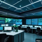 Home 18 보안 취약점 관리에서의 데이터 보호 전략 - A high-tech cybersecurity operations center with multiple layered defense screens showing network fi...