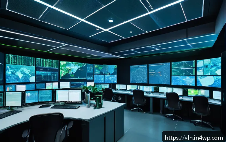 보안 취약점 관리에서의 데이터 보호 전략 - A high-tech cybersecurity operations center with multiple layered defense screens showing network fi...