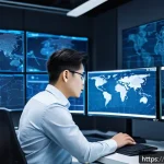 Home 23 보안 취약점 테스트 및 검증 절차 - A detailed cybersecurity analyst in a modern office environment, surrounded by multiple large monito...