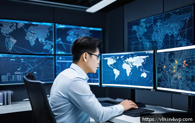 보안 취약점 테스트 및 검증 절차 - A detailed cybersecurity analyst in a modern office environment, surrounded by multiple large monito...