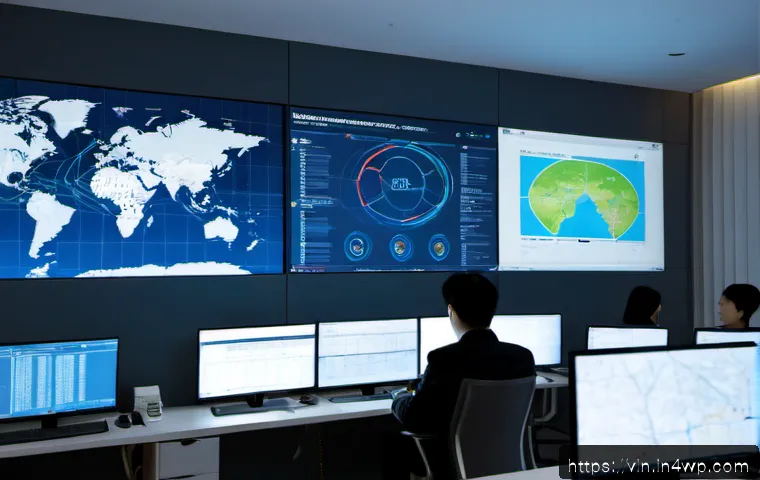 Home 17 보안 취약점 관리의 글로벌 기준 - Photorealistic global cybersecurity operations center, diverse team of security analysts in a clean ...