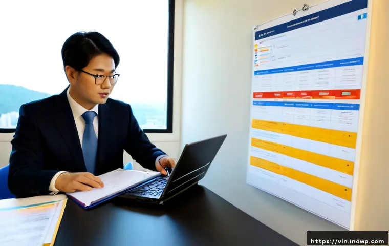Home 17 보안 취약점 관리 활동의 문서화 - Photorealistic cybersecurity compliance office scene, an IT security manager in business-casual atti...